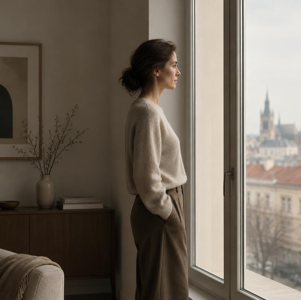 Silhouette of a person standing by a tall window in a quiet minimalist room
