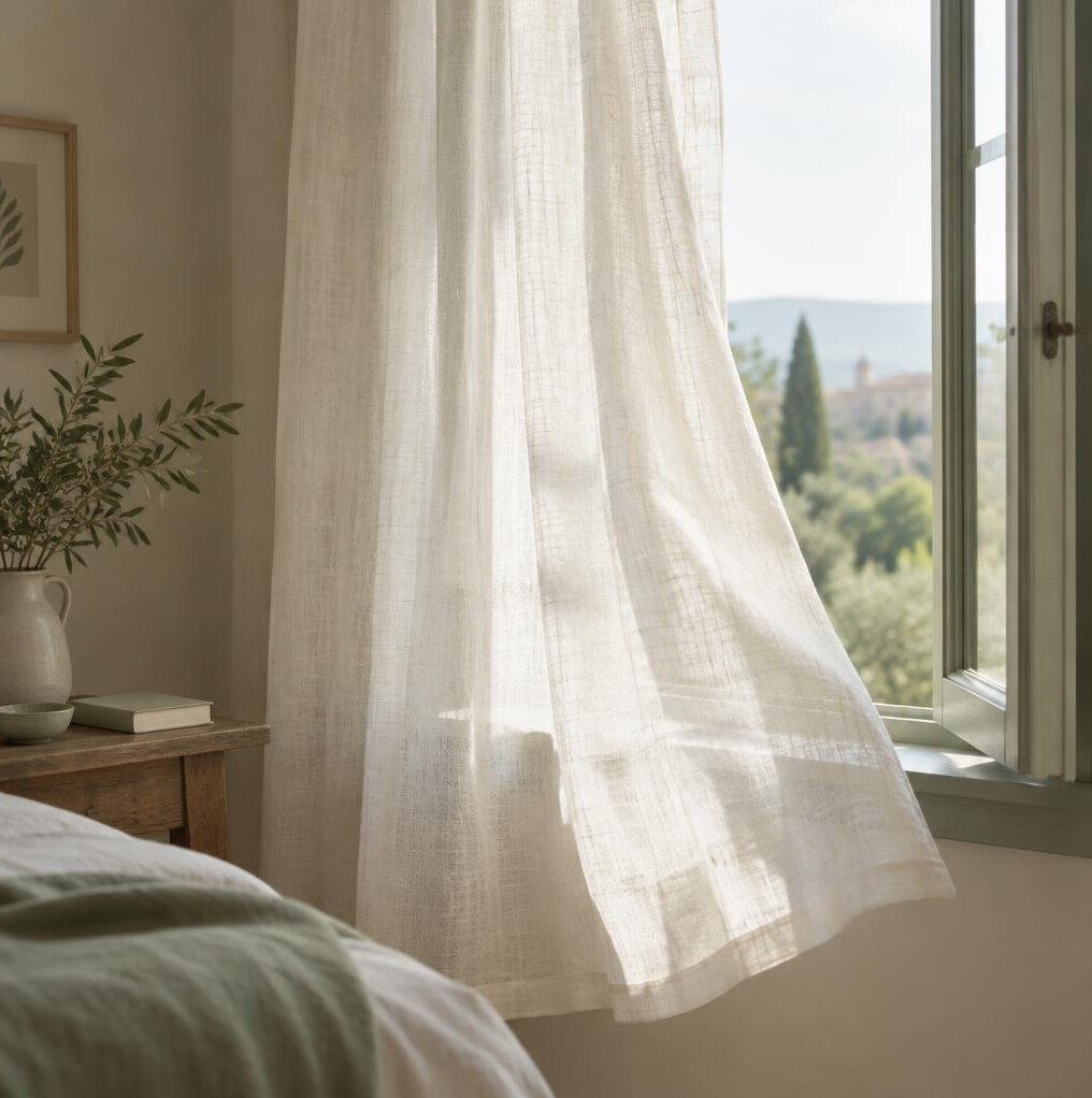 Soft curtain moving in front of an open window